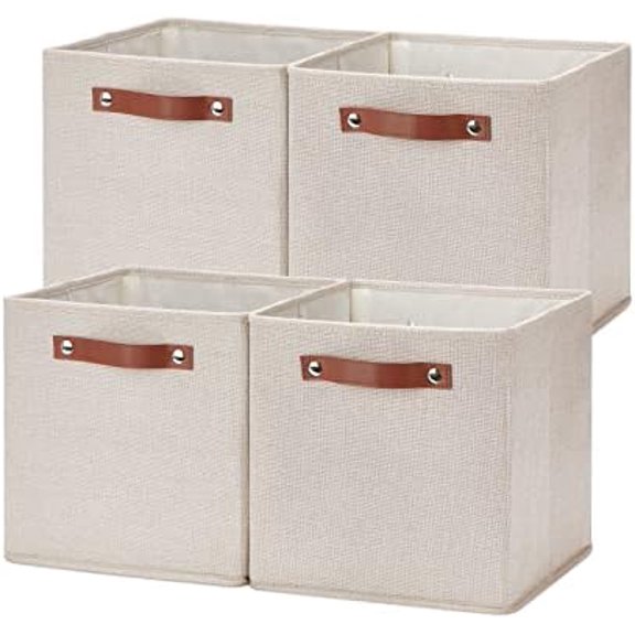 11x11 Storage Cubes Fabric Storage Cubes Storage Bins with Dual Leather Handles Canvas Storage Boxes for Organizing Home, Shelf, Closet (Beige, 11 x 11 x 11)
