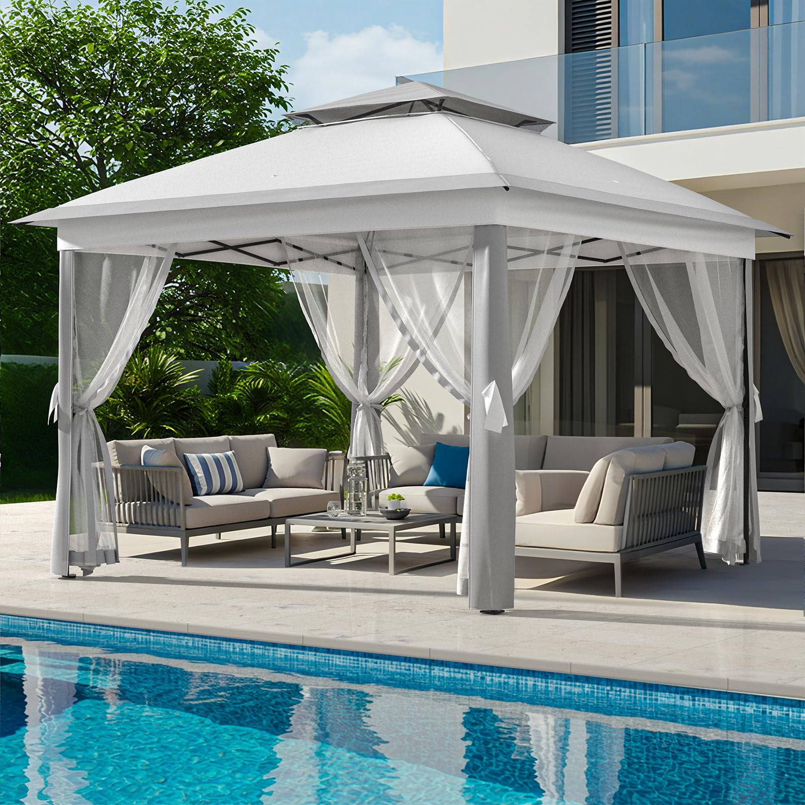 11x11 ft Outdoor Gazebo, Heavy Duty Gazebo with Sturdy Metal Frame & Double Roofs, Patio Shelter with Mosquito Netting, Ideal for Backyard, Garden, Lawn, Deck, Light Grey