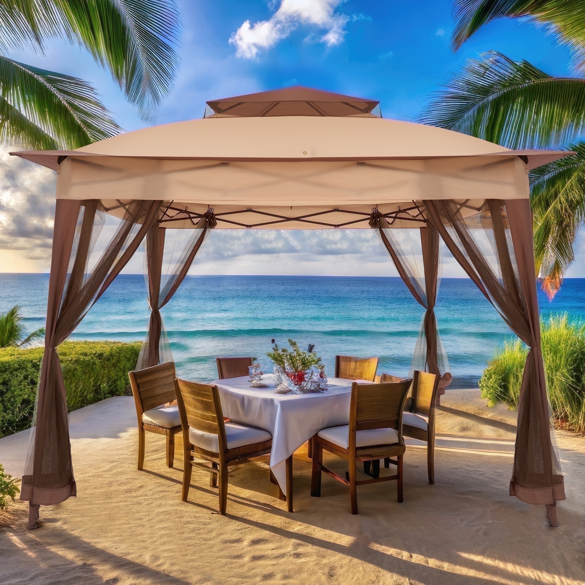 Walmart discount codes: Naipo 11x11FT Pop up Gazebo Tent with Mosquito Netting Instant Outdoor Canopy with 3 Adjustable Height 2 Tiered Vented Top for Garden Lawn Backyard and Deck  Beige