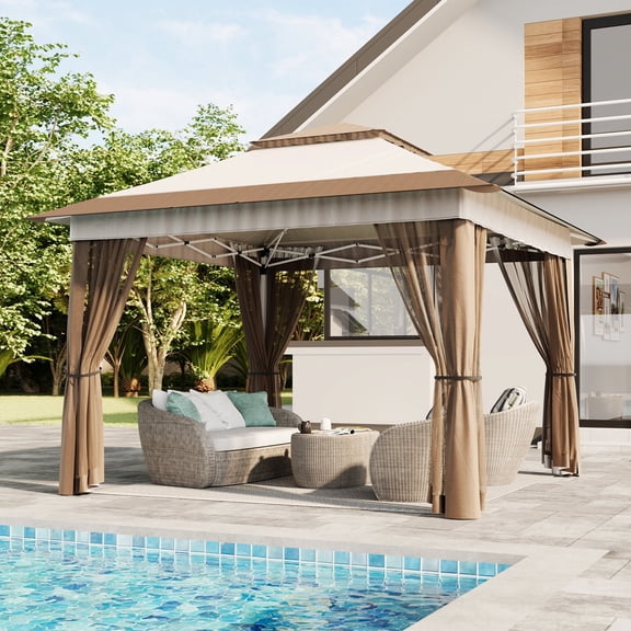 11x11FT Pop Up Canopy Tent, Lofka Patio Gazebos with Mosquito Net, UPF 50+ for Backyard|Outdoor,Beige