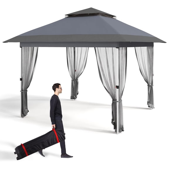 11x11ft Heavy Duty Portable Gazebo Canopy Tent with Curtains, 2-Tier Vented Roof & Mosquito Netting – Large Outdoor Patio Shade Shelter, Wheeled Bag, for Backyard Parties – Dark Gray + Light Gray