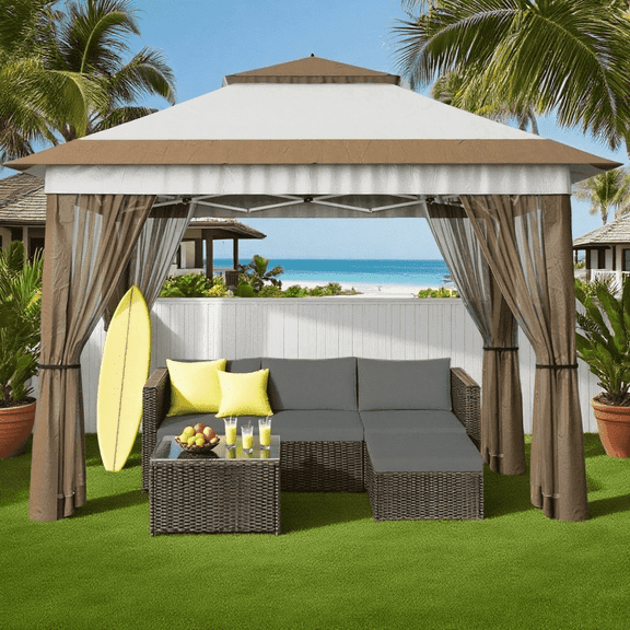 11x11ft Pop Up Gazebo Tent and 5-Piece Patio Sectional Set with Coffee Table for Summer Time,Lofka Beige UPF 50+ Patio Gazebo & Gray Outdoor Sofa