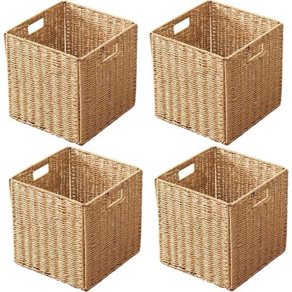 11x11x11 Cube Storage Bins Set of 4, Paper Rope Hand Woven Storage Basket with Handles, Collapsible Square Storage Cubes for Shelves, Wicker Shelf Baskets for Living Room Bedroom Organizing,