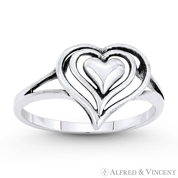 11x12mm Triple-Heart Charm Stackable Love Promise Ring in Oxidized .925 Sterling Silver