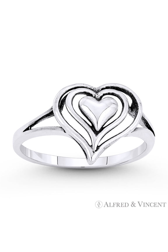 11x12mm Triple-Heart Charm Stackable Love Promise Ring in Oxidized .925 Sterling Silver