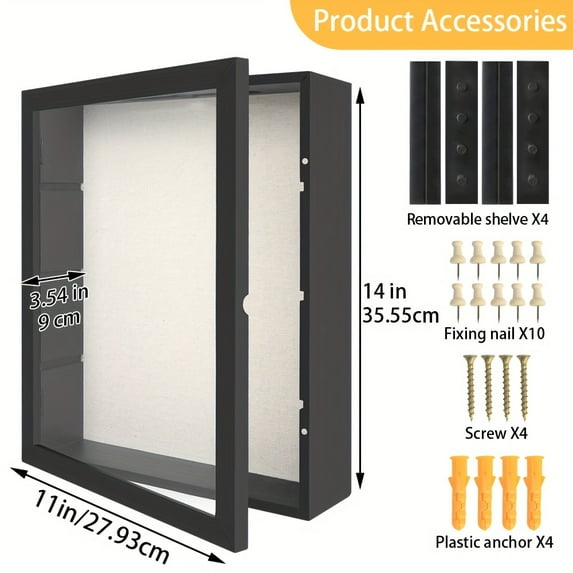 Large Rustic Shadow Box Frame 11x14/12x16 - Display Case with Linen Back & 4 Shelves for Memorabilia, Photos, Medals, Rings, Coins