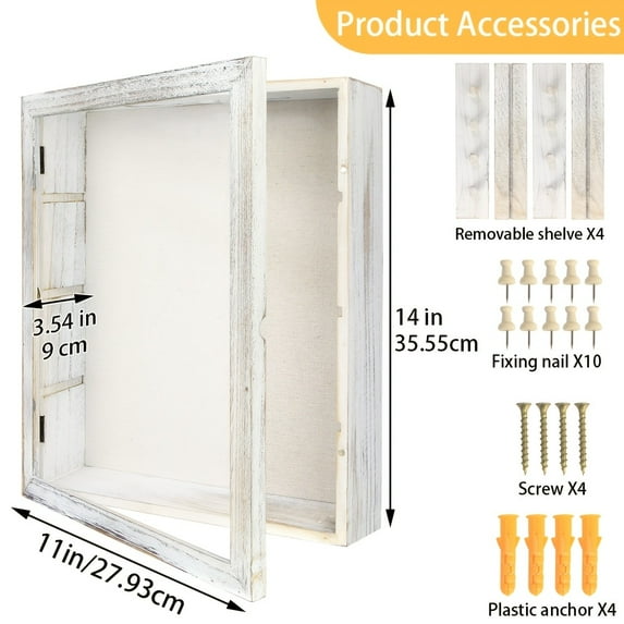 Large Rustic Shadow Box Frame 11x14/12x16 - Display Case with Linen Back & 4 Shelves for Memorabilia, Photos, Medals, Rings, Coins