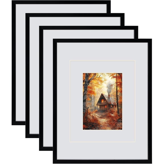 11x14 Black Picture Frame with Double White Mat 4 Pack, 11 by 14 Family Wedding Frame Fits 3 Photo Sizes, with Mat for 5x7 or 8x10, without Mat for 11x14, Display on Tabletop or Wall