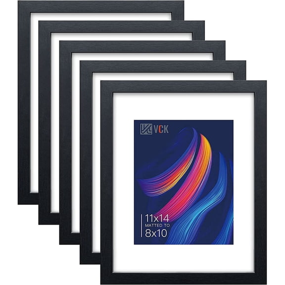 11x14 Black Picture Frame Set of 5, Textured Modern Wooden Photo Frames with HD Glass | Matted to 8x10 or 11x14 without Mat | Wall Hanging Display - Hardware Included