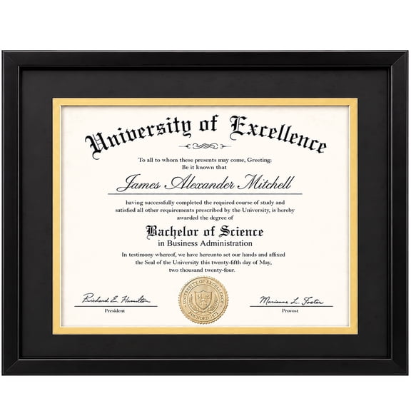 AEVETE 11x14 Diploma Frame with Support 8.5 x 11 Certificate Degree Document Frame for Wall and Tabletop, Black Double Mat, 1 Pack