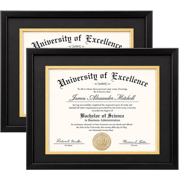 AEVETE 11x14 Diploma Frame with Support 8.5 x 11 Certificate Degree Document Frame for Wall and Tabletop, Black Double Mat, 2 Pack