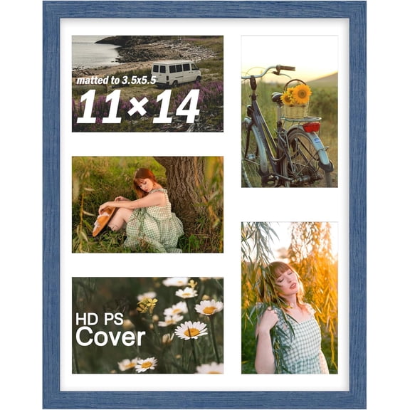 11x14 Collage Frame, Displays 5 Photos in 4x6 Size, Wooden Multi-Photo Frame with Clear PS Panel for Horizontal or Vertical Display - Blue