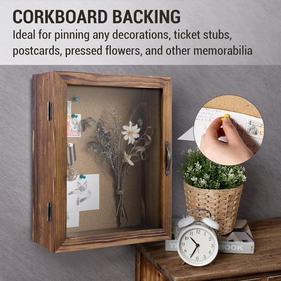 11x14 Deep Shadow Box Frame with Cork Board Backing and Acrylic Paneled Cursive Hinged Door, Rustic Burnt Wood Wall Mounted Shadow Box Display Case Cabinet