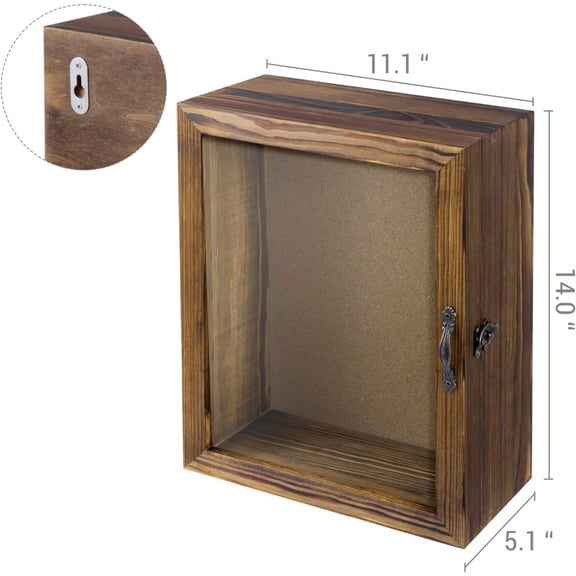 11x14 Deep Shadow Box Frame with Cork Board Backing and Acrylic Paneled Cursive Hinged Door, Rustic Burnt Wood Wall Mounted Shadow Box Display Case Cabinet