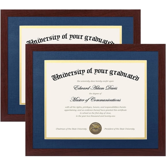 11x14 Diploma Frame Certificate Degree Document Frame with High Definition Glass, 8.5 x 11 with mat for Wall and Tabletop, Mahogany Blue Double Mat, 2 Pack