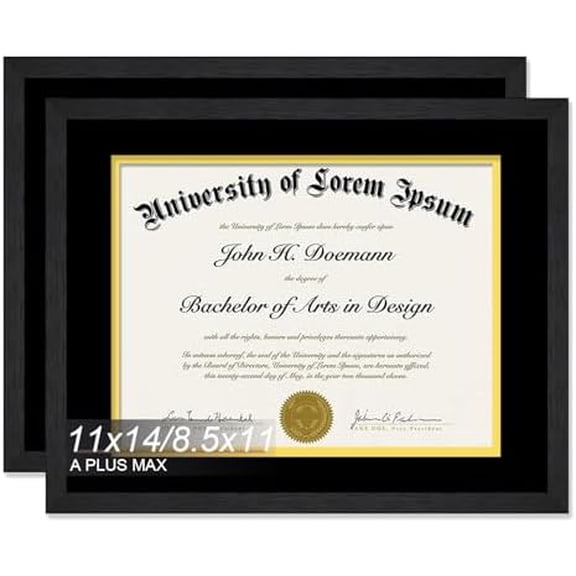 11x14 Diploma Frame Display 8.5 x 11 Certificate with Black & Gold Mat, Engineered Wood Document Frame for Masters Associates Bachelor Degree - 2 Packs
