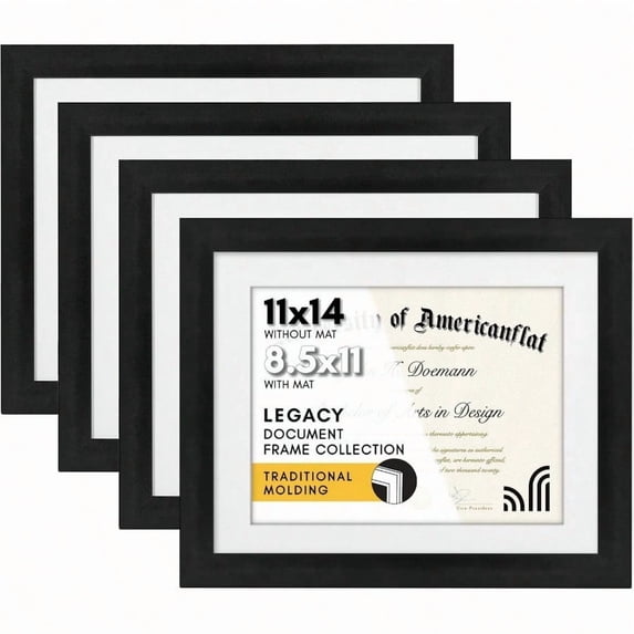 11x14 Diploma Frame With ShatterResistant Glass Set Of 4 Use As 8.5x11 Frame With Mat Or Display 11x14 Documents Without Mat Legacy Collection Certificate Frames For Wall Black