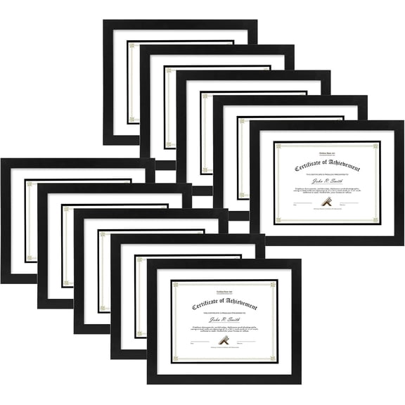 , 11x14 Diploma Frame, Solid Wood, for 8.5x11 Document/Certificates with White Over Black Double Mat, Tempered Glass Front (Black, 10 Pack)