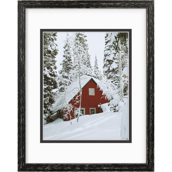 11x14 Distressed Black Wood Frame with White over Black Double Mat - Displays 8x10 Photos - Real Glass, Sawtooth Hangers, Back Turn Buttons - Wall Mounting, Landscape, Portrait