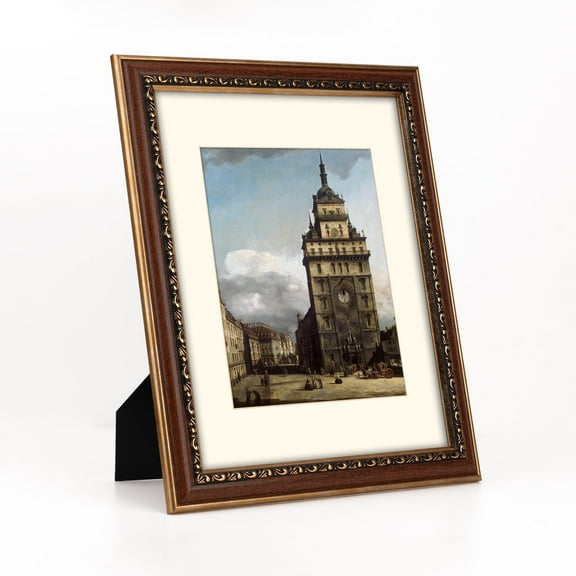 11x14 in Distressed Brown and Gold Curved Scrollwork Motif Embossed Ornate Classic Picture Frame, Matted for 8x10 inches, Tabletop or Wall Display, Real Glass Protection