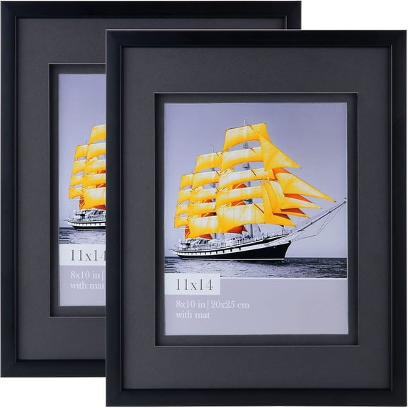 11x14 Double Floating Mat Picture Frame Set of 2, Display Picture 8x10 with Black Double Mat, Polished High Definition Real Glass, Wall Mounting Photo Frames, Black