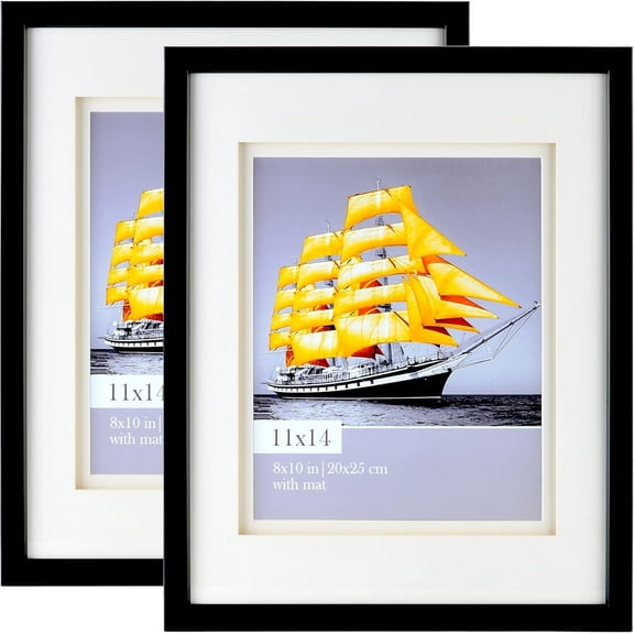 11x14 Double Floating Mat Picture Frame Set of 2, Display Picture 8x10 with Ivory Double Mat, Polished High Definition Real Glass, Wall Mounting Photo Frames, Black/White