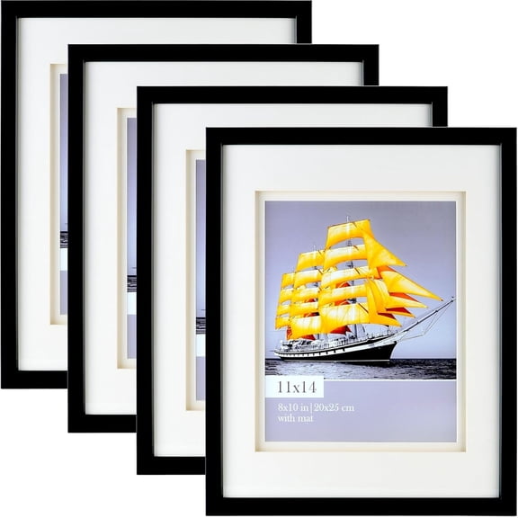 11x14 Double Floating Mat Picture Frame Set of 4, Display Picture 8x10 with White Double Mat, Polished High Definition Real Glass, Wall Mounting Photo Frames, Black/White, 4 Pack