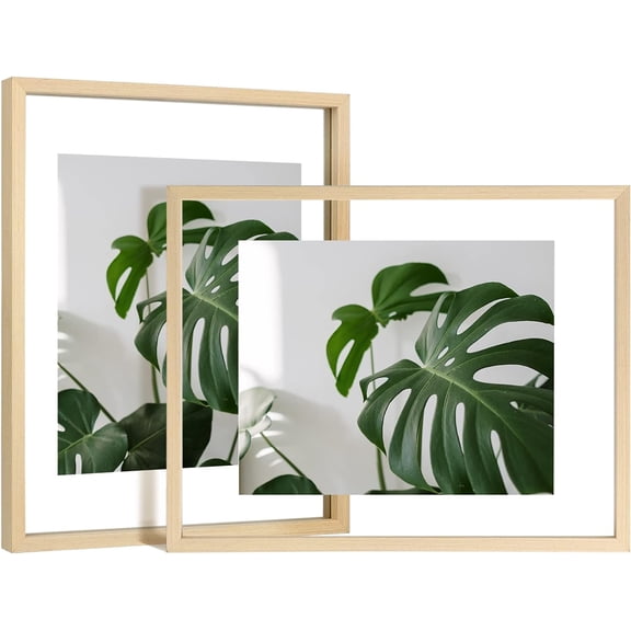 11x14 Floating Frames Set of 2, Double Plexiglass Picture Frame, Made of Solid Wood Display Any Size Photo up to 11x14, Wall Mount or Tabletop Standing, Natural Wood
