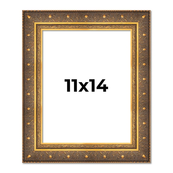 11x14 Frame Vintage Gold Solid Wood Picture Frame | 2.5 Inch Moulding Width | Ornate Bronze Museo
