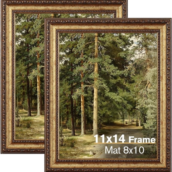 11x14 Gold Picture Frame, 2 Pack Ornate Vintage Picture Frames for Wall or Tabletop Display, 11 x 14 Photo Frame Gold with Real Glass, Display Poster 8x10 with Mat or 11x14 without Mat for Antique