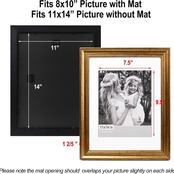 11x14 Gold Picture Frame with Mat for 8x10 Set of 4, 1.4" Wide Molding & Rustic Gold Frame 11 x 14 with Tempered Glass for Wall Gallery, Home and Office, Wall Mount, 4 Pack