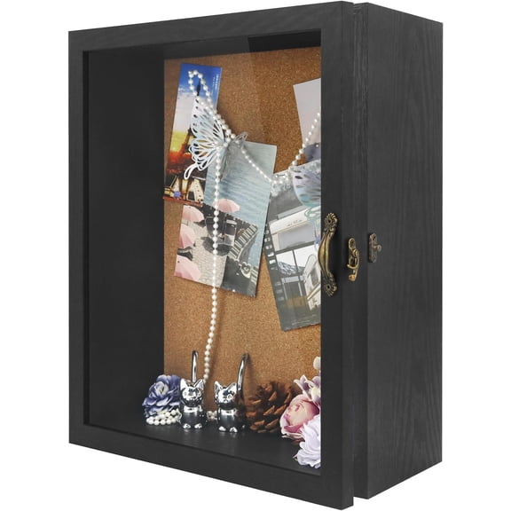 11x14 Inch Deep Display Shadow Box Black with Real Glass - 5 Inch Depth for Collectibles, Memorabilia, Dolls & Toys, Tabletop or Wall Mount, Includes Cork Backboard & 10 Pins