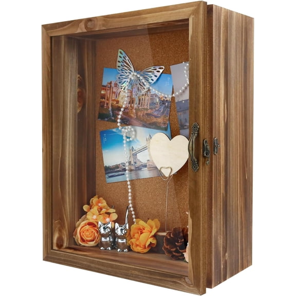 11x14 Inch Deep Display Shadow Box Wooden with Real Glass - 5 Inch Depth for Collectibles, Memorabilia, Dolls & Toys, Tabletop or Wall Mount, Includes Cork Backboard & 10 Pins