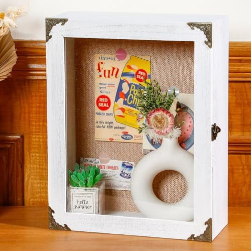 11x14 Inch Extra Deep Shadow Box Frame Depth 4.7in Shadow Boxes Display Cases with Cork Board Backing Rustic Burnt Wood Box for Flowers Bouquet Wedding Picture Photo and Keepsake(White)