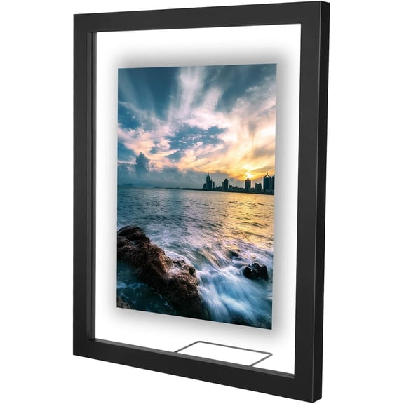 11x14 Inch Floating Frame, Black Wood Double Glass Float Picture Frame Display 11x14/8x10/5x7 Inch Photos or Plant or Petal Specimens for Wall and Tabletop - Mounting Accessories Included
