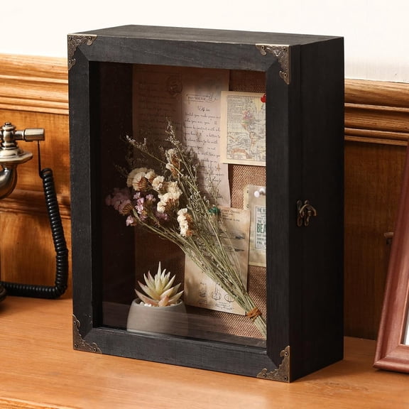 11x14 Inch Shadow Box Depth 4.7in Shadow Boxes Display Cases with Cork Board Backing Rustic Burnt Wood Box for Flowers Bouquet Wedding Picture Photo and Keepsake(Black)