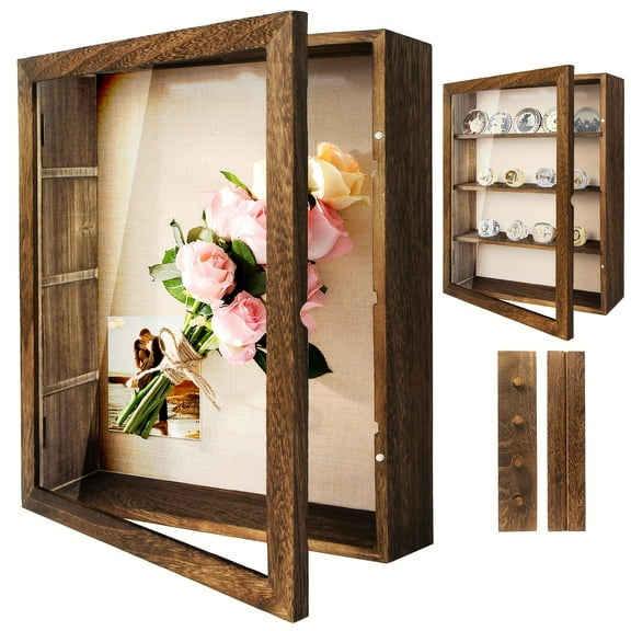 11x14 Large Memory Display Box with 4 Removable Shelves, Linen Backing, Shadow Box Frame for Flowers, Photos, Medals, Coins & Pins