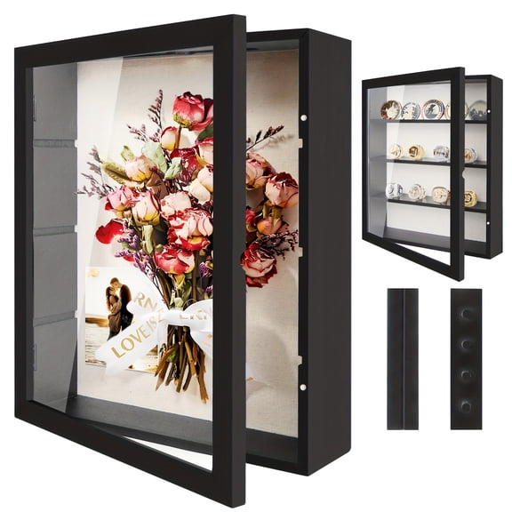 11x14 Large Memory Display Box with 4 Removable Shelves, Linen Backing, Shadow Box Frame for Flowers, Photos, Medals, Coins & Pins