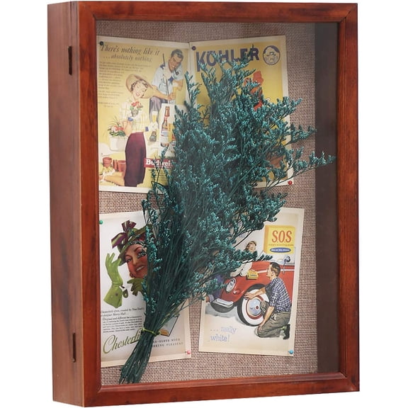 11x14 Large Shadow Box, Deep Display Case with Hinge Door, Clear Memory Box for Wedding Flowers Memorabilia Awards Medals-Cherry