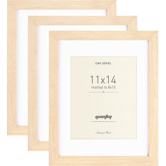 11x14 Oak Wood Picture Frame with Mat for 8x10 Set of 3, Wide Molding, Natural Solid Wood Frame 11x14 with Tempered Glass for Wall Mount (3 pack, Oak)