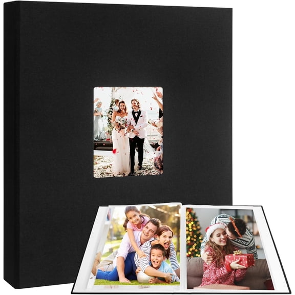 11x14 Photo Album and Art Portfolio Holds 64 Photos Linen Cover Picture Book with Clear Sleeves for Oversized Prints Certificates Kids Artwork Drawings Black