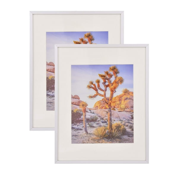 11x14 Picture Frame 2 Pack - Aluminum Frames with 8x10 Removable Mats & Real Glass, Display 11x14 Posters or 8x10 Photos - Silver Gallery Wall Frames for Home Office Decor