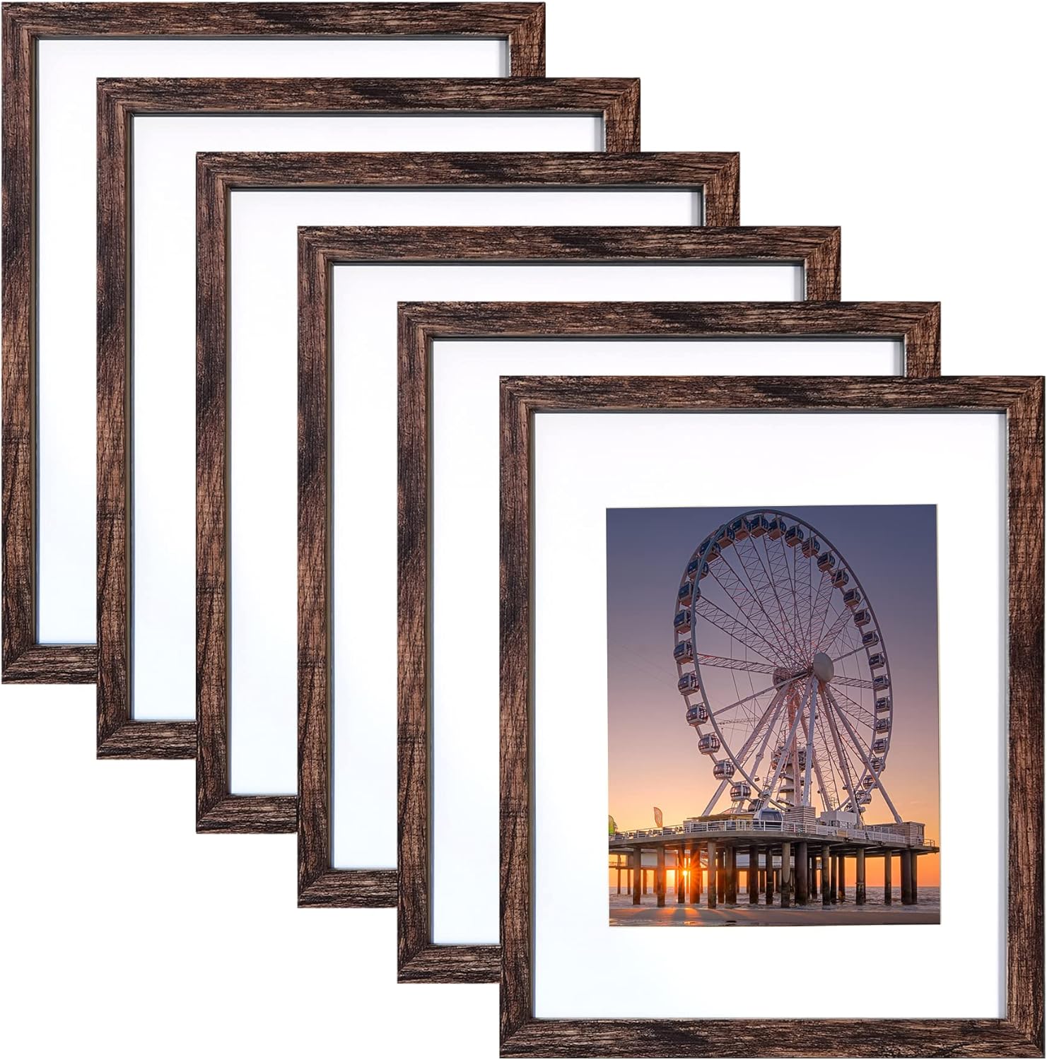 11x14 Picture Frame Brown Set of 6, Display Pictures 8x10 with Mat or 11x14 without Mat, Photo Frames for Wall Mounting