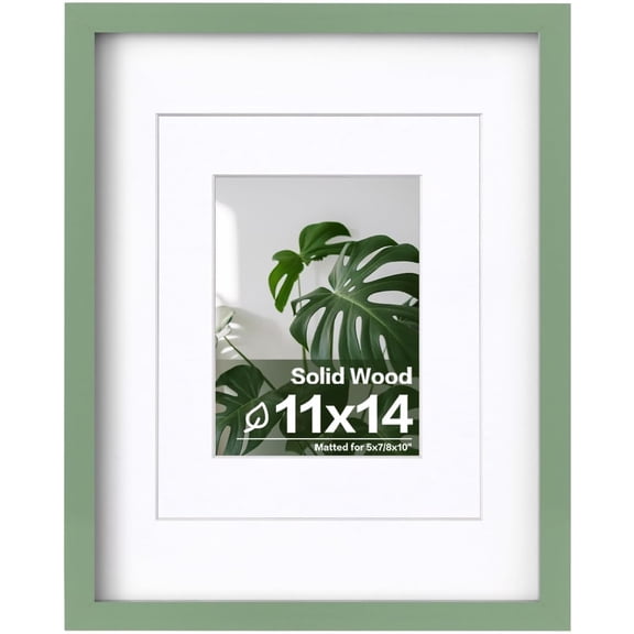 11x14 Picture Frame Made of Solid Wood Covered by Plexiglass, Display Pictures 5x7/8x10 with Mat or 11x14 Without Mat for Table Top Display and Wall Mounting Photo Frame, Green