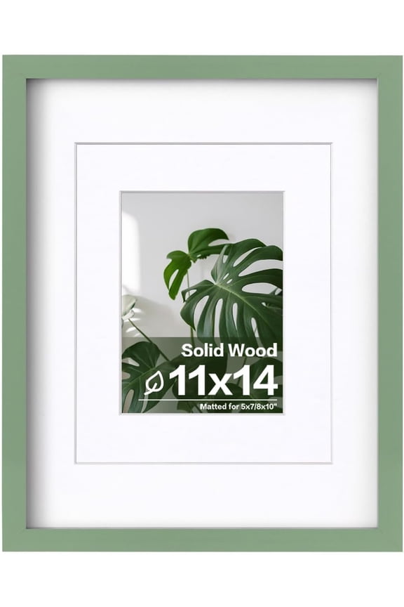 11x14 Picture Frame Made of Solid Wood Covered by Plexiglass, Display Pictures 5x7/8x10 with Mat or 11x14 Without Mat for Table Top Display and Wall Mounting Photo Frame, Green