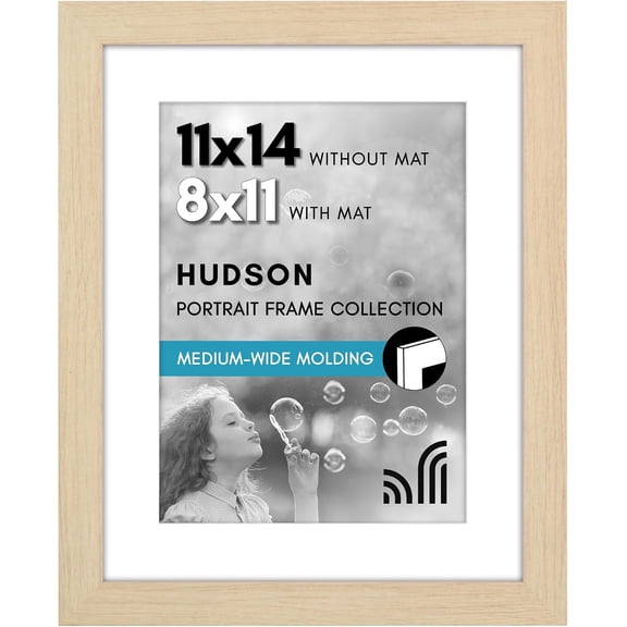 11x14 Picture Frame - Matted to 8x11 - Natural Oak | Engineered Wood construction, Shatter-resistant glass, hangs vertical or horizontal, sawtooth hangers included