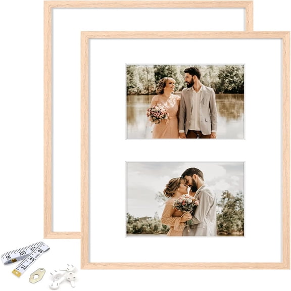 11x14 Picture Frame, OAK Wood Photo Frame 8x10 with Mat or 5x7 with 2 Mat with Perspex Glass for Vertical or Horizontal Tabletop Wall Display for Photo, Painting, Poster, Set of 2