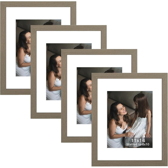 11x14 Picture Frame Set of 4 Farmhouse Wood Pattern Photo Frames, Display 8x10 Photo with Mat or 11x14 without Mat, Horizontal and Vertical formats for Wall Mounting, Dark Oak