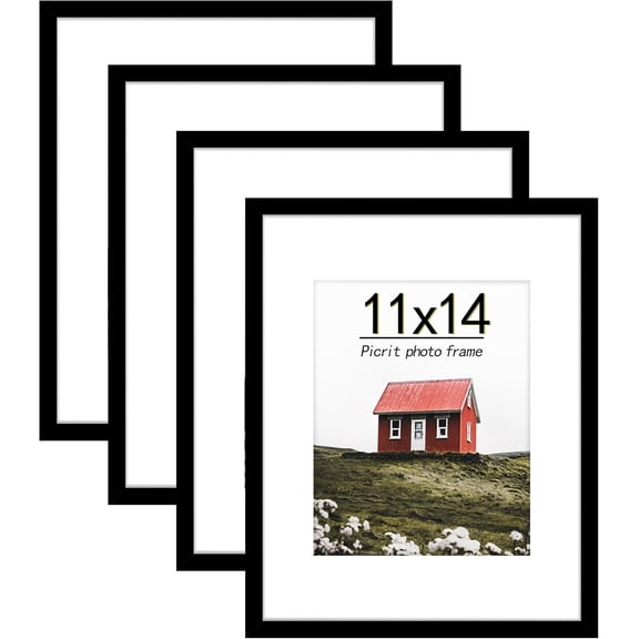 11x14 Picture Frame Set of 4, Made of High Definition Real Glass, Display 8x10 with Mat or 11x14 without Mat, Photo Frames for Wall Mounting or Table Top Display, Black