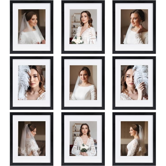 11x14 Picture Frame Set of 9, Display Pictures 8x10 with Mat or 11x14 without Mat, Multi Collage Gallery Square Photo Frames for Wall or Tabletop, Black